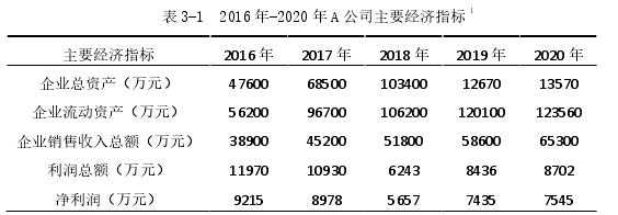 表 3-1 2016 年-2020 年 A 公司主要經濟指標